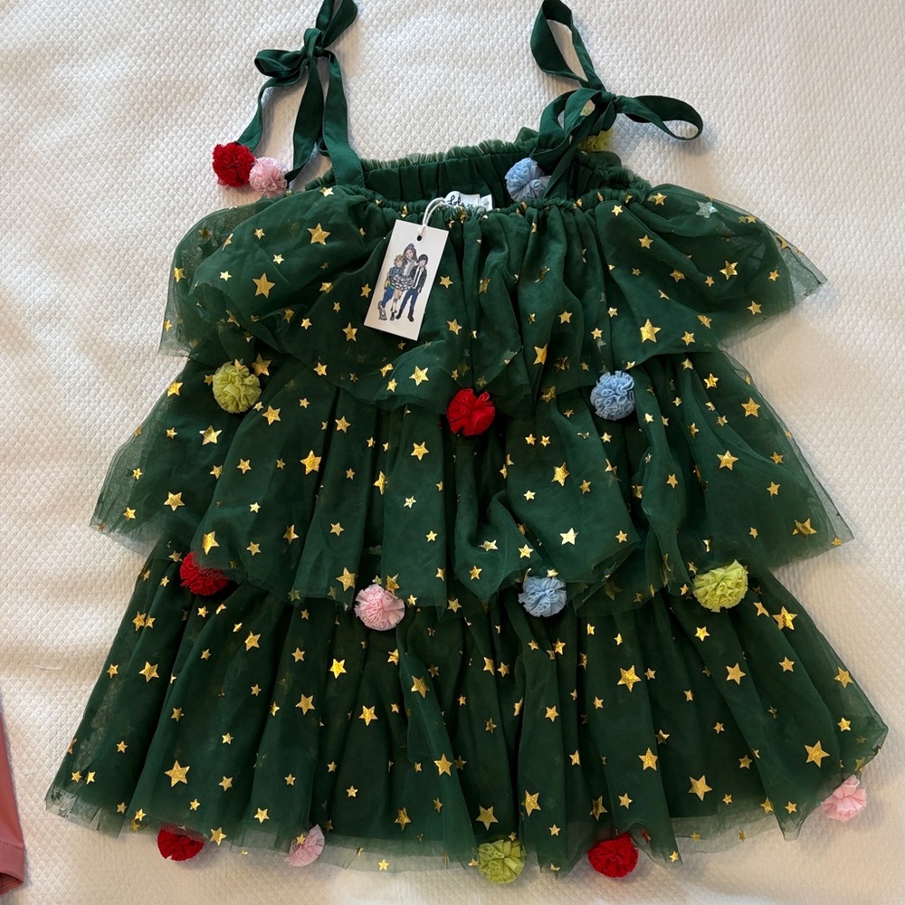 Lola and the Boys Green Star Pom-Pom Tiered Tulle Dress
